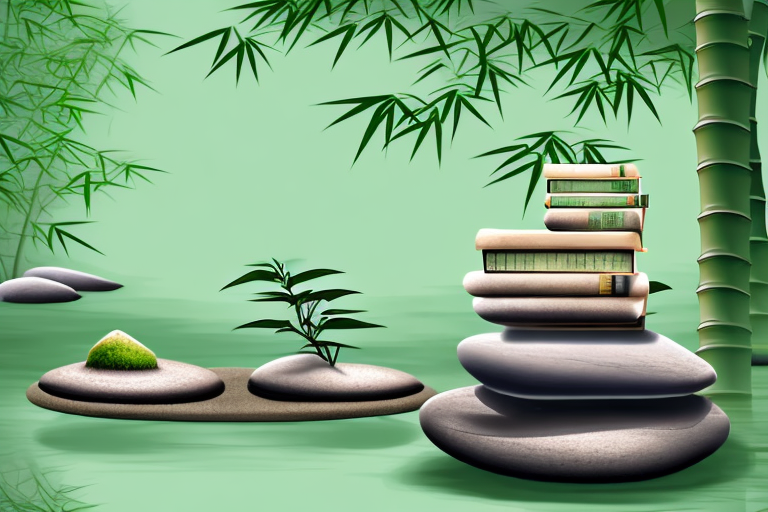 A serene zen garden with a stack of books placed on a stone bench