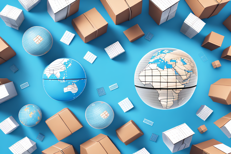 A globe with various shipping boxes floating around it