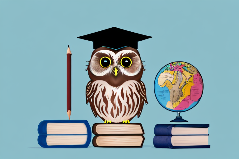 A little owl perched on a stack of books with a graduation cap on