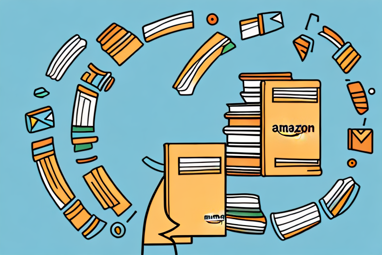 A stack of diverse books with an amazon-themed arrow circling around them