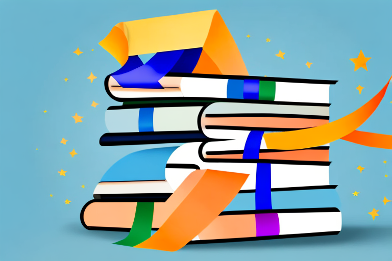 A stack of variously sized and colored books with a ribbon around them