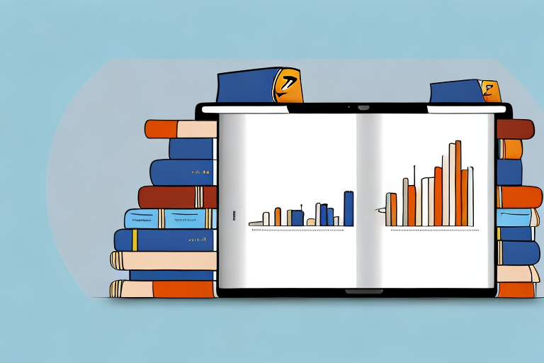 A stack of various books with an amazon delivery box and a digital tablet displaying a bar graph of increasing sales