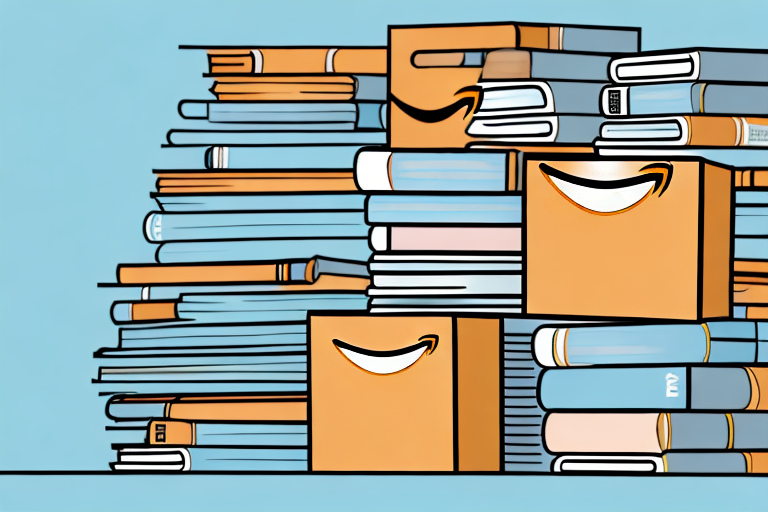 A pile of books next to a stylized amazon delivery box