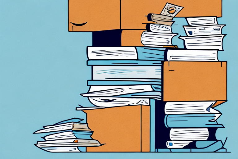 A stack of various types of books next to an amazon delivery box filled with cash