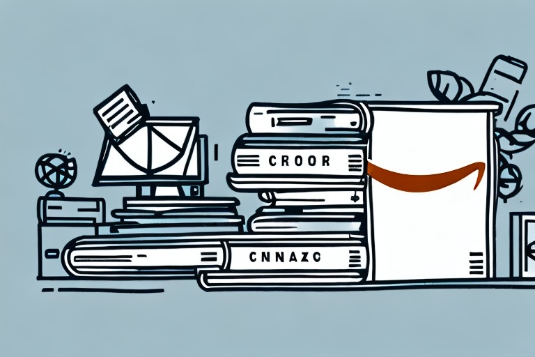 A stack of various books next to a stylized amazon box