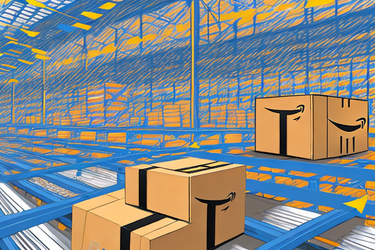 A warehouse with amazon-branded boxes on conveyer belts