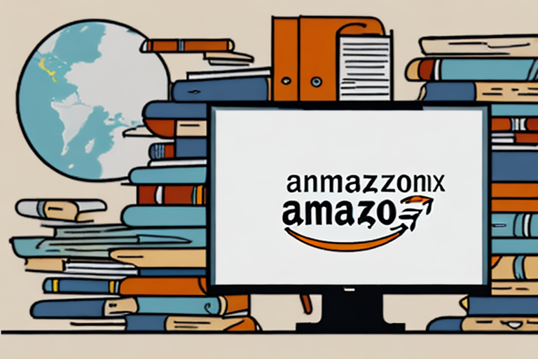 A pile of old textbooks next to a stylized computer displaying an amazon marketplace page