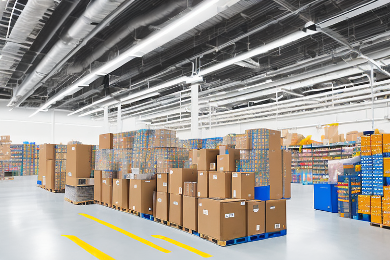 A bustling amazon prep center with shelves filled with various products