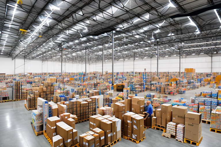 A warehouse full of various types of boxed goods with an amazon delivery drone flying above