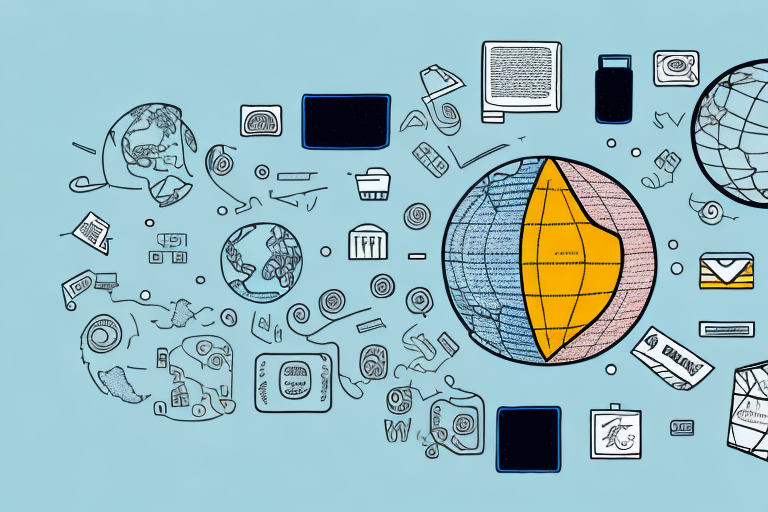 A globe with various goods like electronics