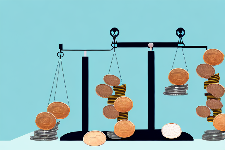 A balance scale with various products on one side and stacks of coins on the other