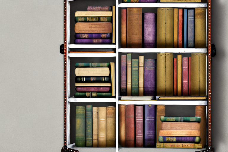 Various innovative book storage solutions such as books stacked in a vintage suitcase