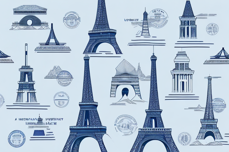 A usps shipping box with various international landmarks like the eiffel tower