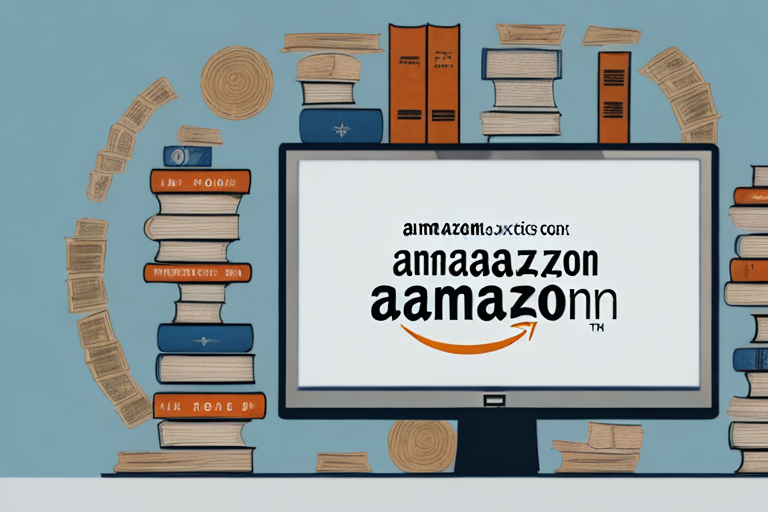 A stack of various types of books next to a stylized computer displaying an amazon marketplace page