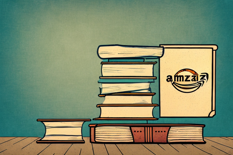 A stack of vintage books next to a stylized amazon box