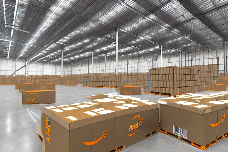 A warehouse with amazon boxes being sorted by conveyor belts and robots