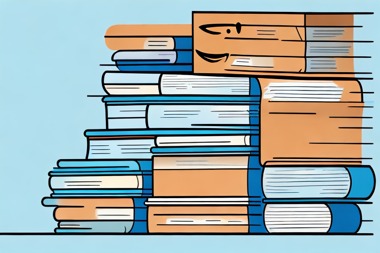 A stack of various books next to an amazon delivery box
