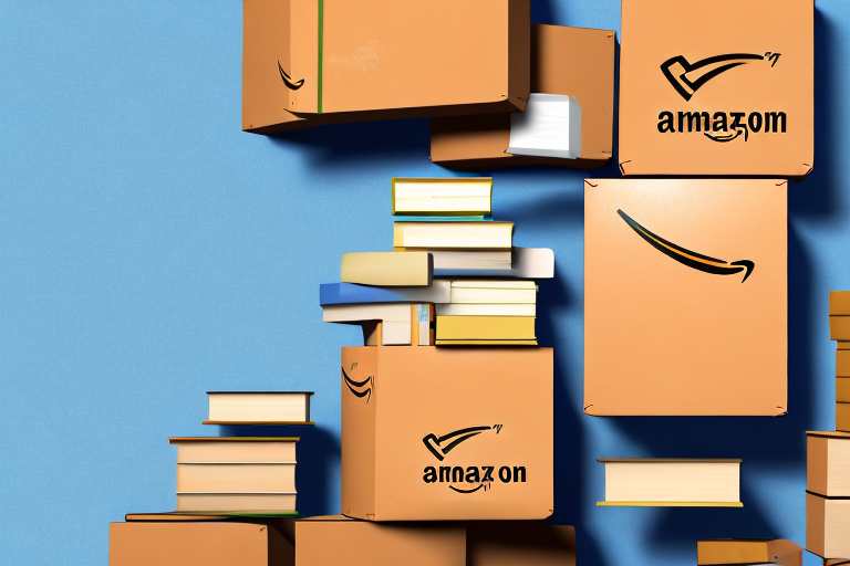 A stack of various types of books next to a stylized cardboard box with the amazon arrow (without the word logo)