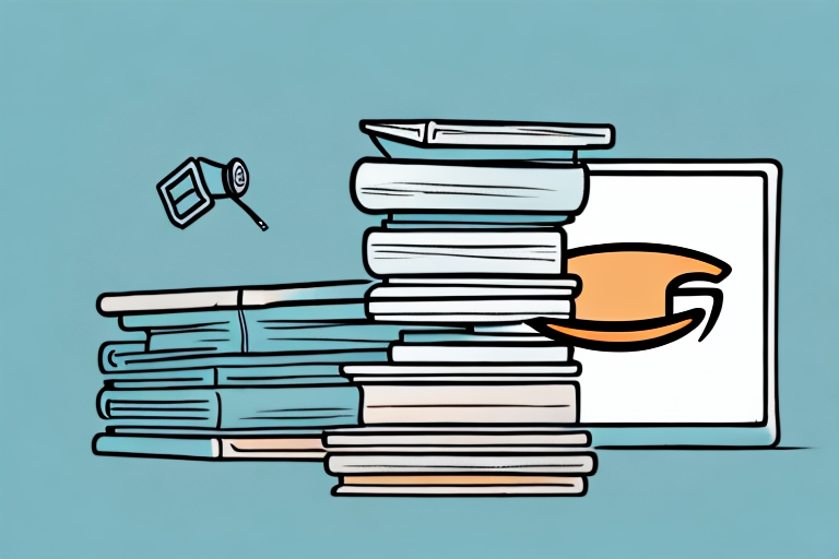 A stack of various books next to a stylized depiction of an amazon box