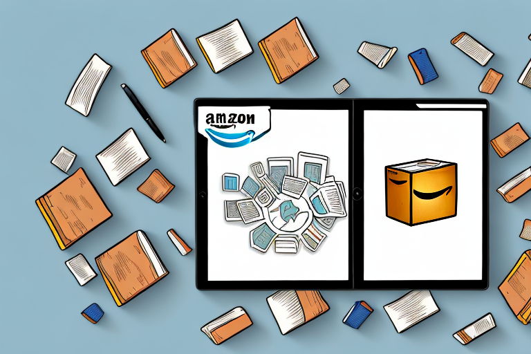 A stack of various types of books next to a stylized amazon box