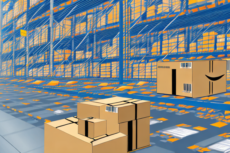 A warehouse with amazon boxes on conveyor belts