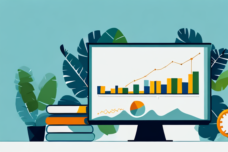 A stack of various books next to a computer displaying a bar chart showing sales growth