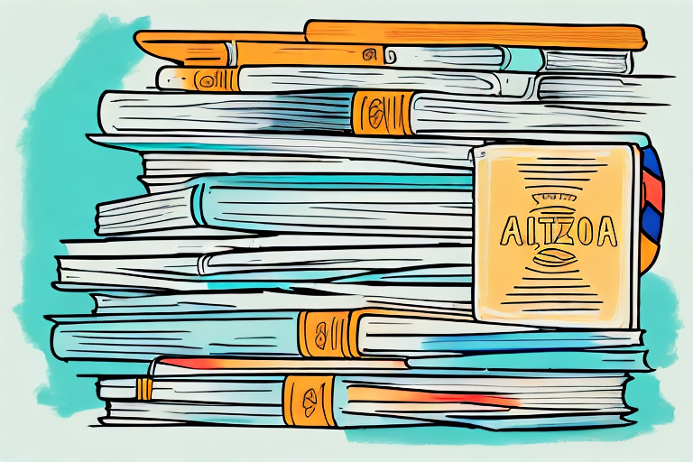 A stack of various books next to a stylized