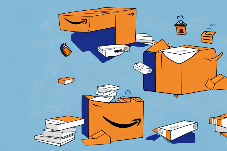 A stack of textbooks being placed into an amazon-branded box