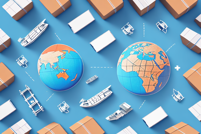 A globe surrounded by various types of shipping boxes and vehicles such as trucks