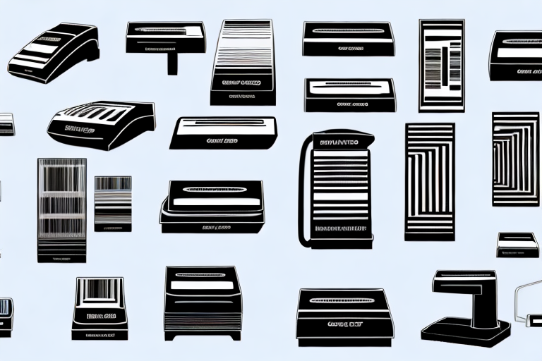 A variety of barcode scanners displayed on a shelf