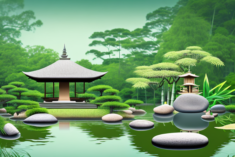 A serene zen garden with a smooth stone path winding towards a distant