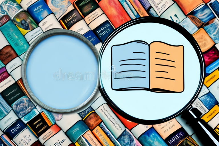 A magnifying glass hovering over a stack of diverse books