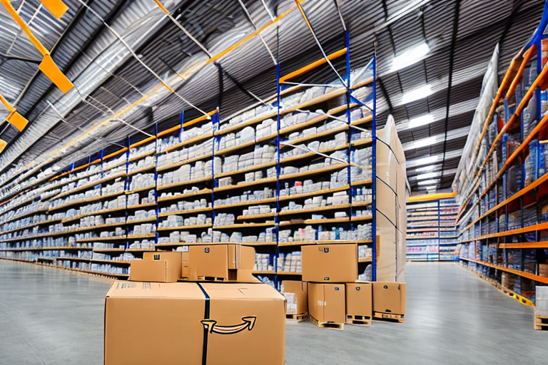 A warehouse with shelves filled with various products