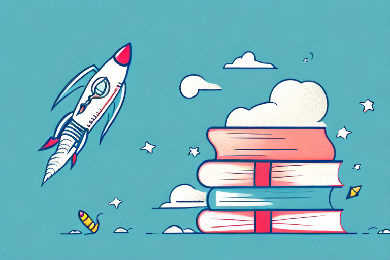 A stack of books with a rocket soaring upwards from them