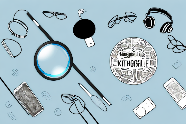 A magnifying glass hovering over a variety of different products like a smartphone