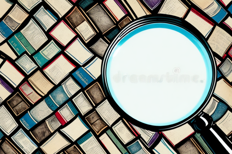 A magnifying glass hovering over a pile of vintage books