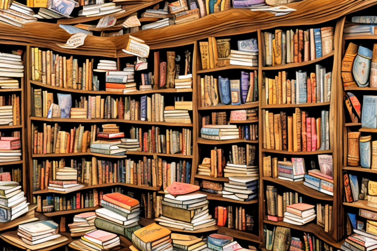 A quaint bookstore filled with stacks of used books