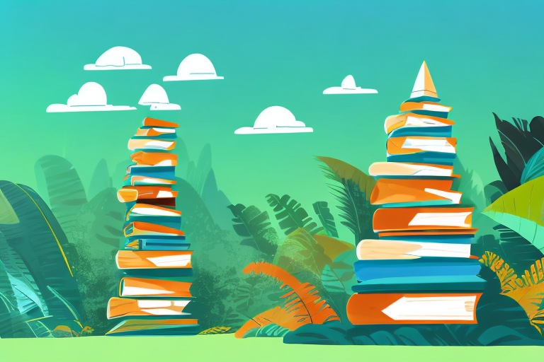 A towering stack of variously shaped and colored books