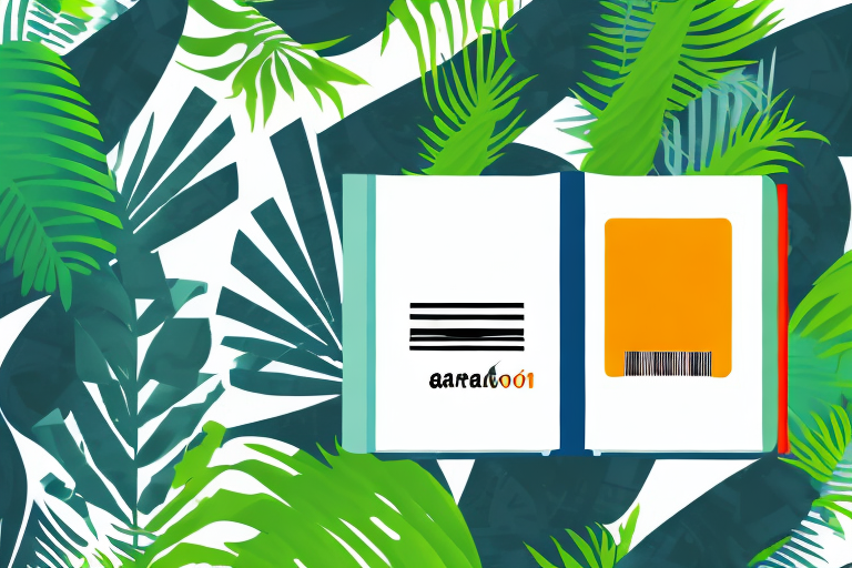 A stack of various school books with a barcode on them against the backdrop of an abstract amazon-themed jungle