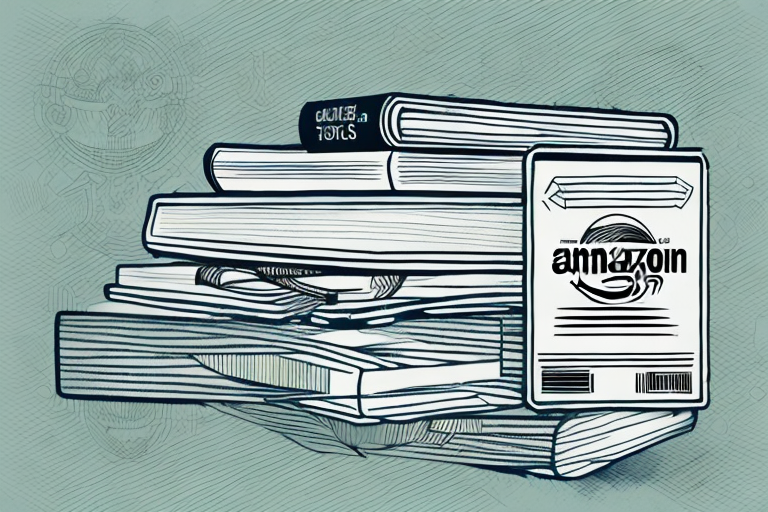 A stack of various old books next to a stylized amazon-inspired cardboard box