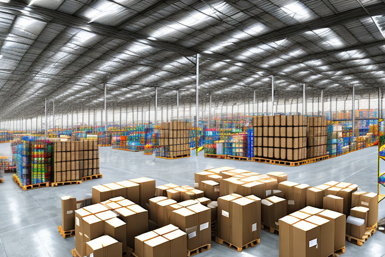 A large warehouse filled with various types of products packed in boxes