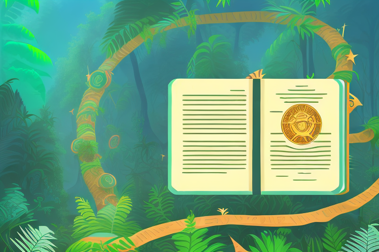 A stack of different types of books next to a stylized amazon rainforest