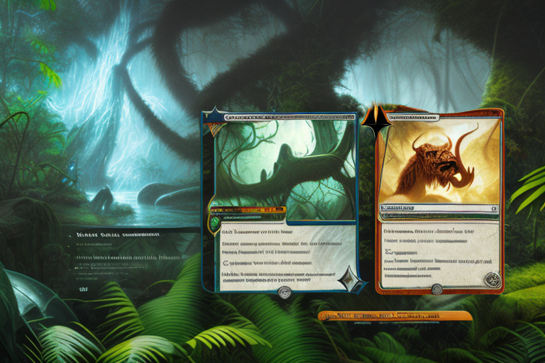 A variety of magic: the gathering cards scattered across an amazon-themed jungle landscape