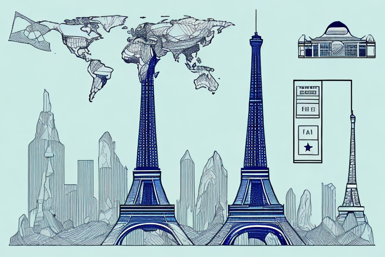 A package on a scale with various international landmarks (like the eiffel tower