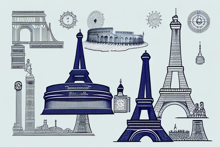 A shipping box with various iconic european landmarks like the eiffel tower