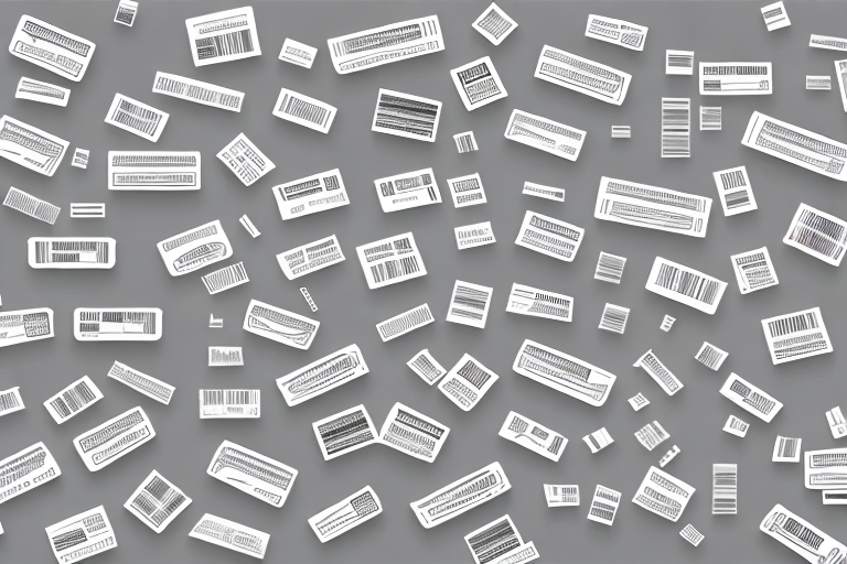 Various sized barcode labels next to a cardboard box