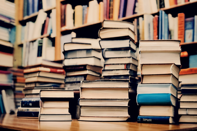 A pile of various books next to a thriftbooks store