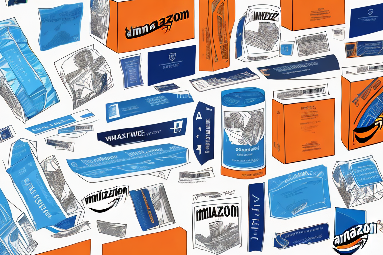 Various sized labels next to a typical amazon fba shipping box to give a sense of scale