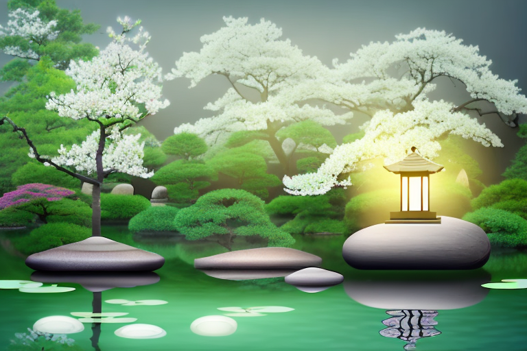 A serene zen garden with a tranquil pond reflecting a cherry blossom tree