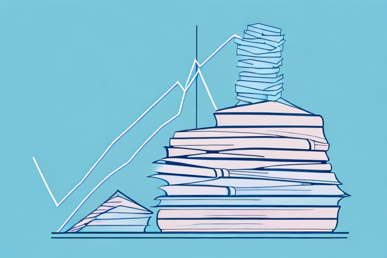 A stack of various books with a rising graph in the background